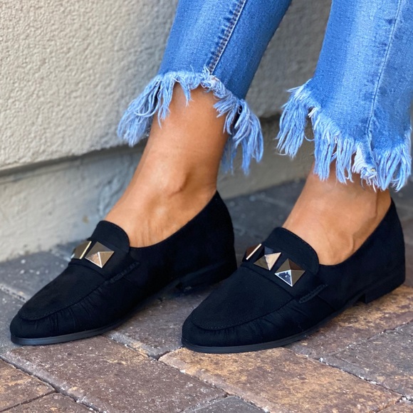 Black Studs Vamp Boyfriend Slip On Loafer Flats - Picture 2 of 8